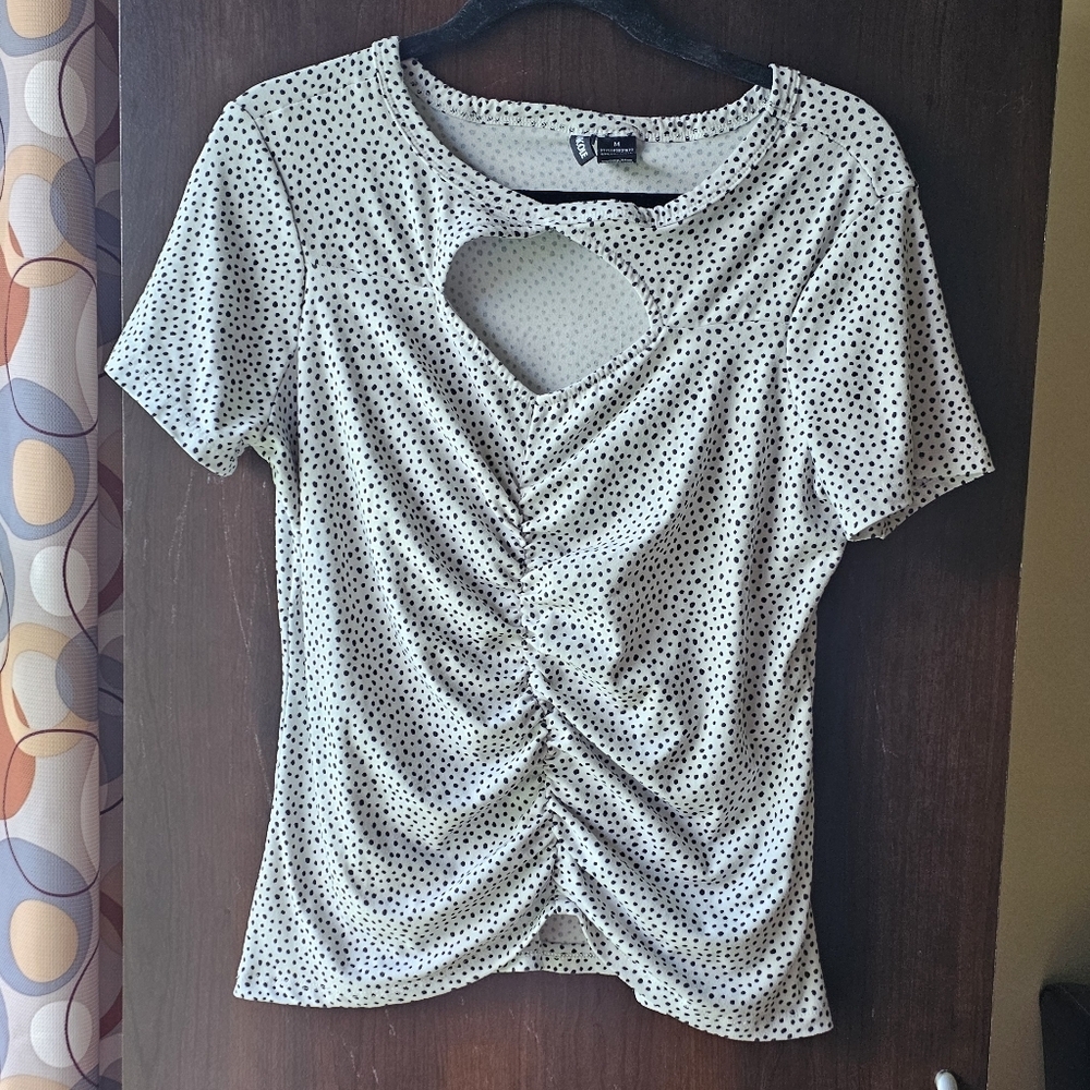 Kristen Nicole Black and White Ruched Polka Dot Blouse With A Cut Out